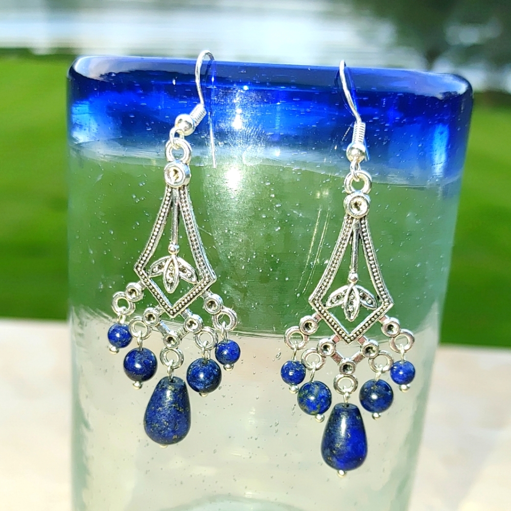 Lapis Lazuli Gemstone Chandelier Earrings in Tibetan Silver (2.75")